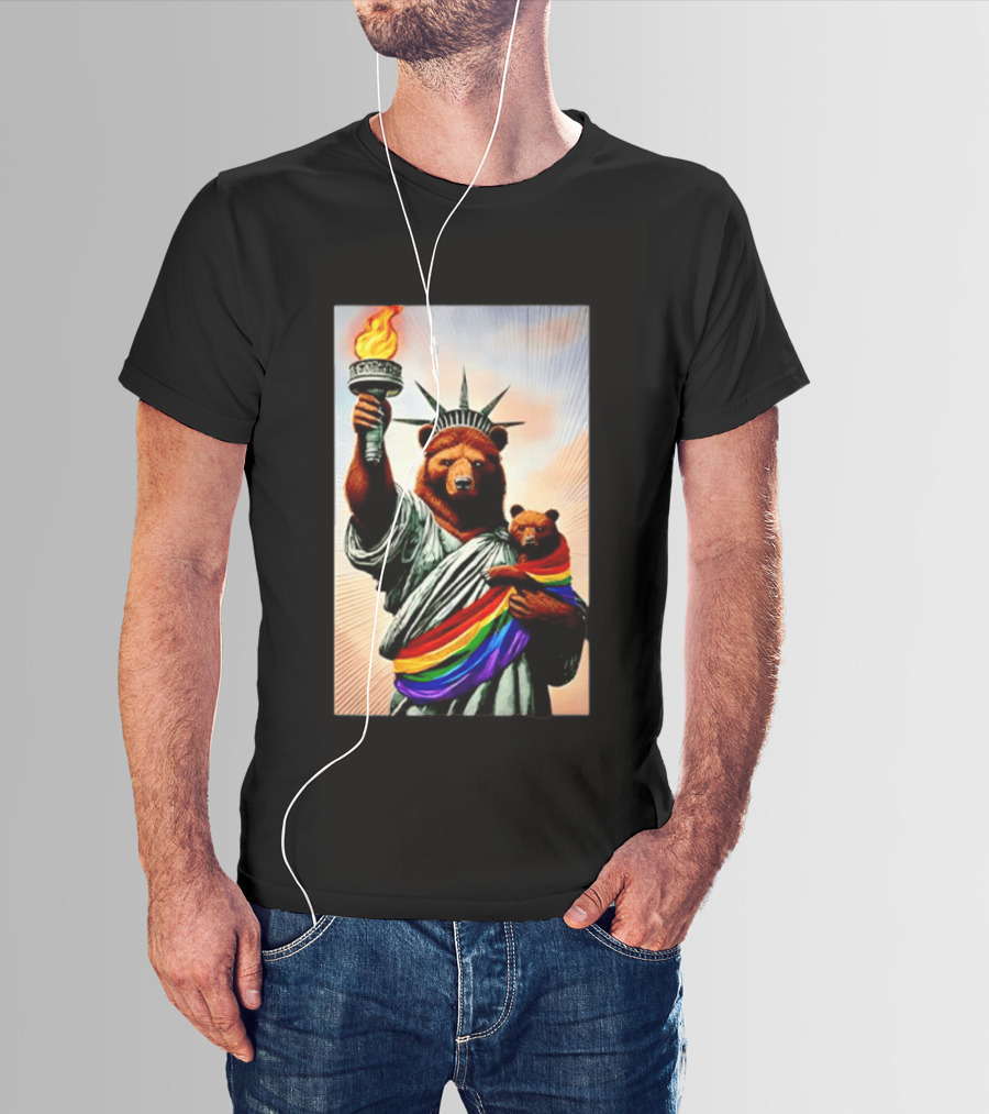 Bear Statues Liberty Rainbow Pride Torch T-Shirt