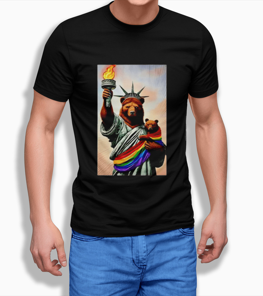 Bear Statues Liberty Rainbow Pride Torch T-Shirt