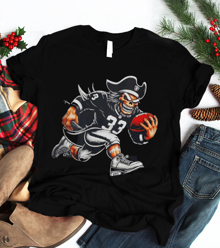 Raiders Skeleton Pirate Running With Football Number 33 T-Shirt
