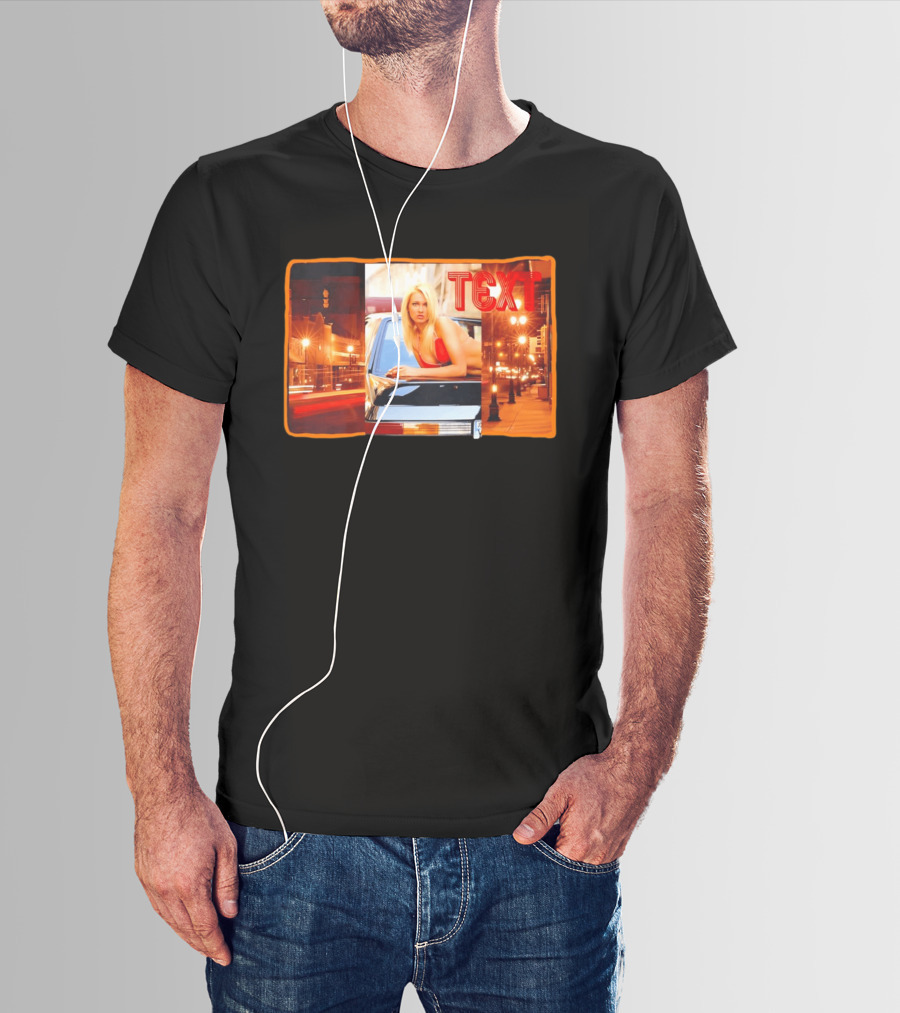Blonde Woman In Red Bikini Leaning On Car At Night With Neon City Lights T-Shirt