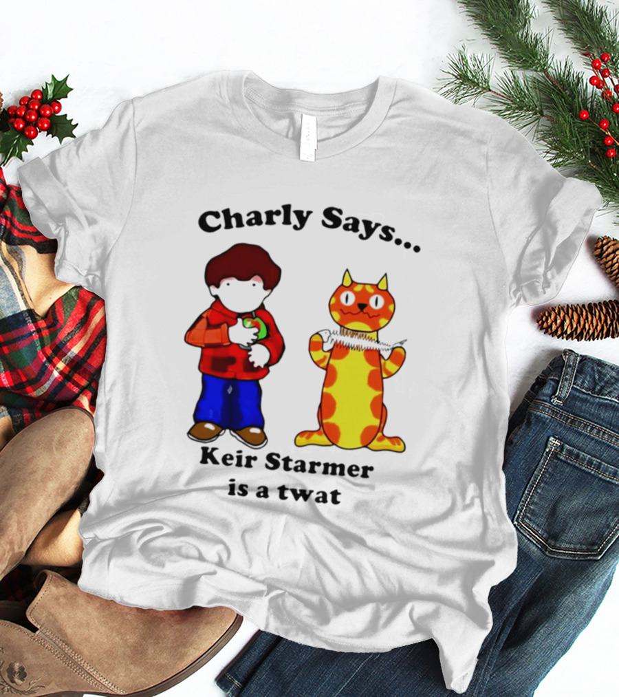 Charly Says Keir Starmer Is A Twat Comic Retro Style Cat And Kid T-Shirt