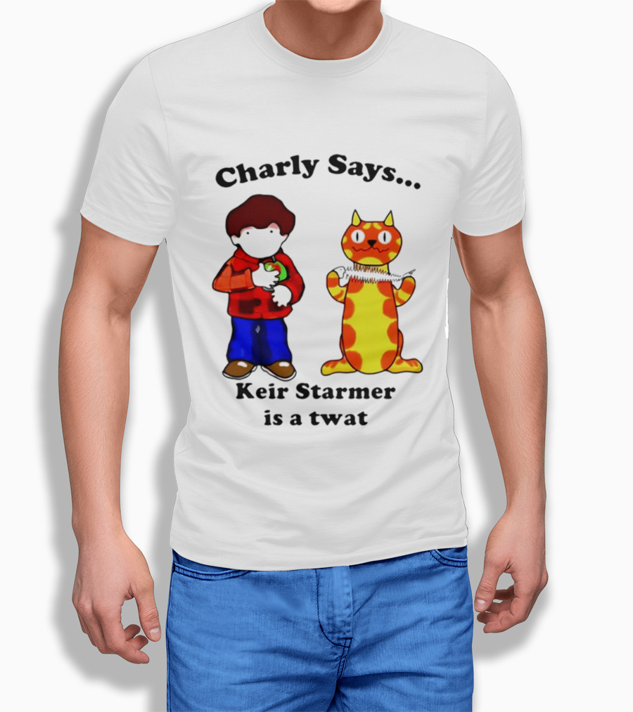 Charly Says Keir Starmer Is A Twat Comic Retro Style Cat And Kid T-Shirt