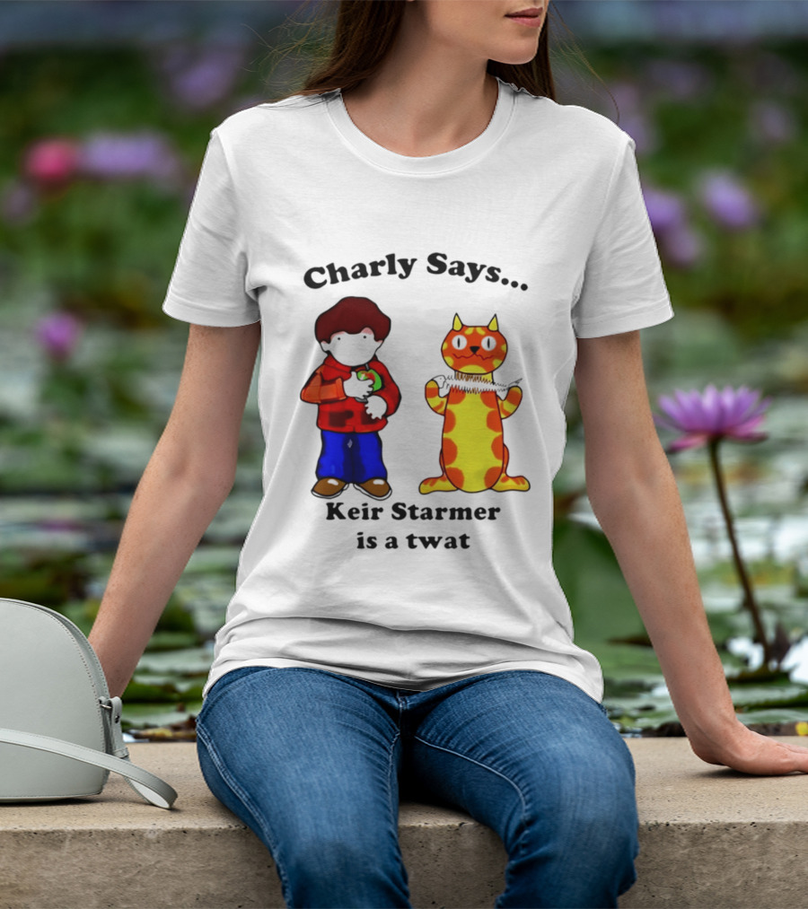 Charly Says Keir Starmer Is A Twat Comic Retro Style Cat And Kid T-Shirt
