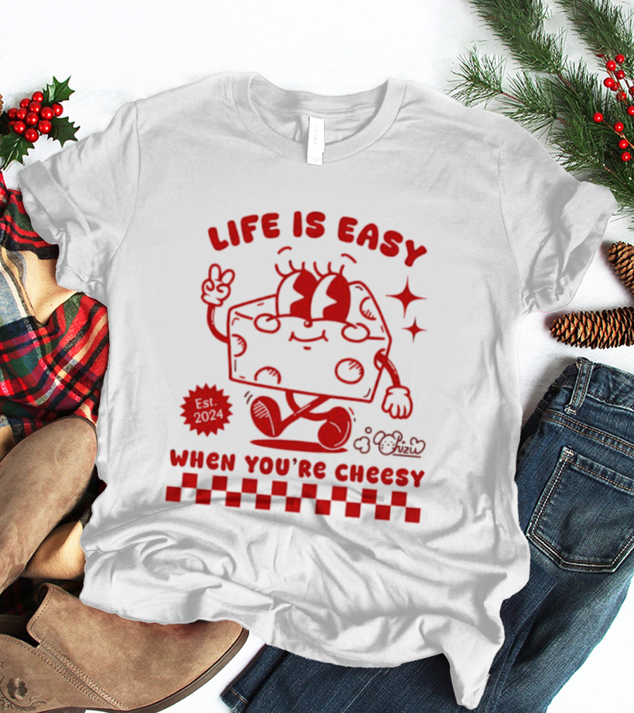Life Is Easy When You're Cheesy Cartoon Cheese Character With Peace Sign And Stars T-Shirt