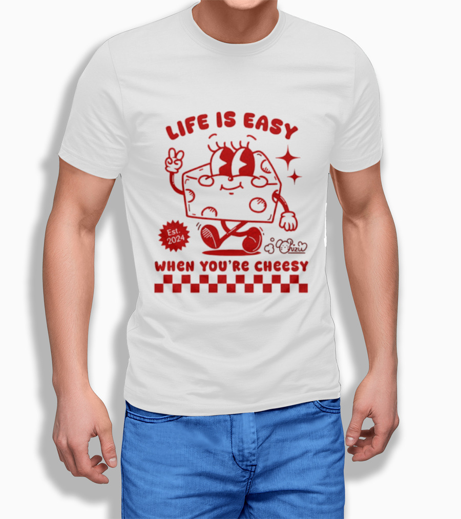 Life Is Easy When You're Cheesy Cartoon Cheese Character With Peace Sign And Stars T-Shirt