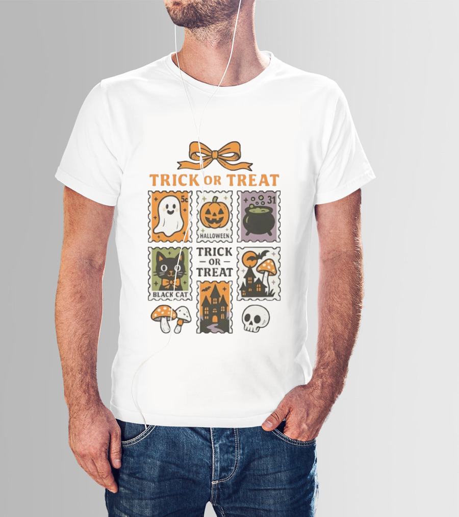 Trick Or Treat Halloween Ghost Pumpkin Cauldron Black Cat Haunted House T-Shirt
