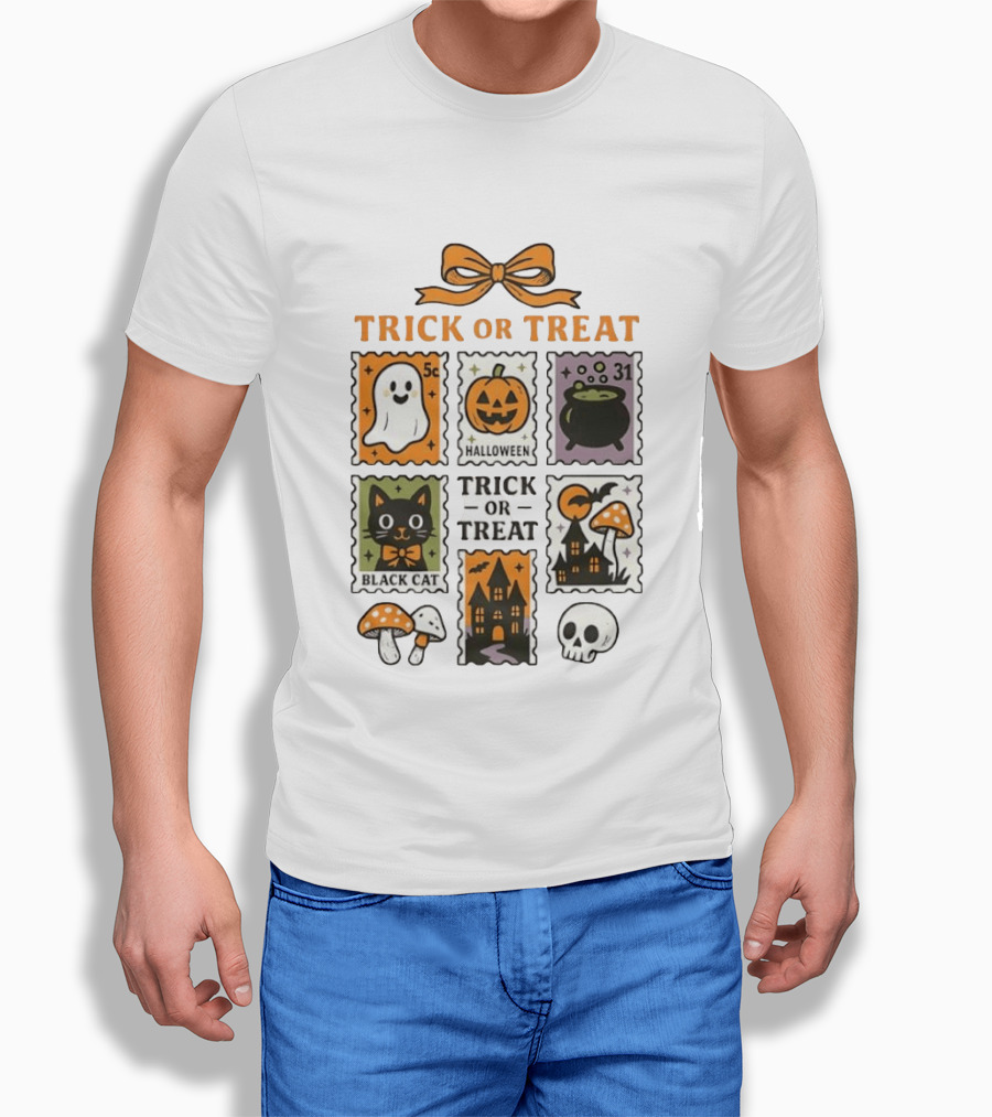 Trick Or Treat Halloween Ghost Pumpkin Cauldron Black Cat Haunted House T-Shirt
