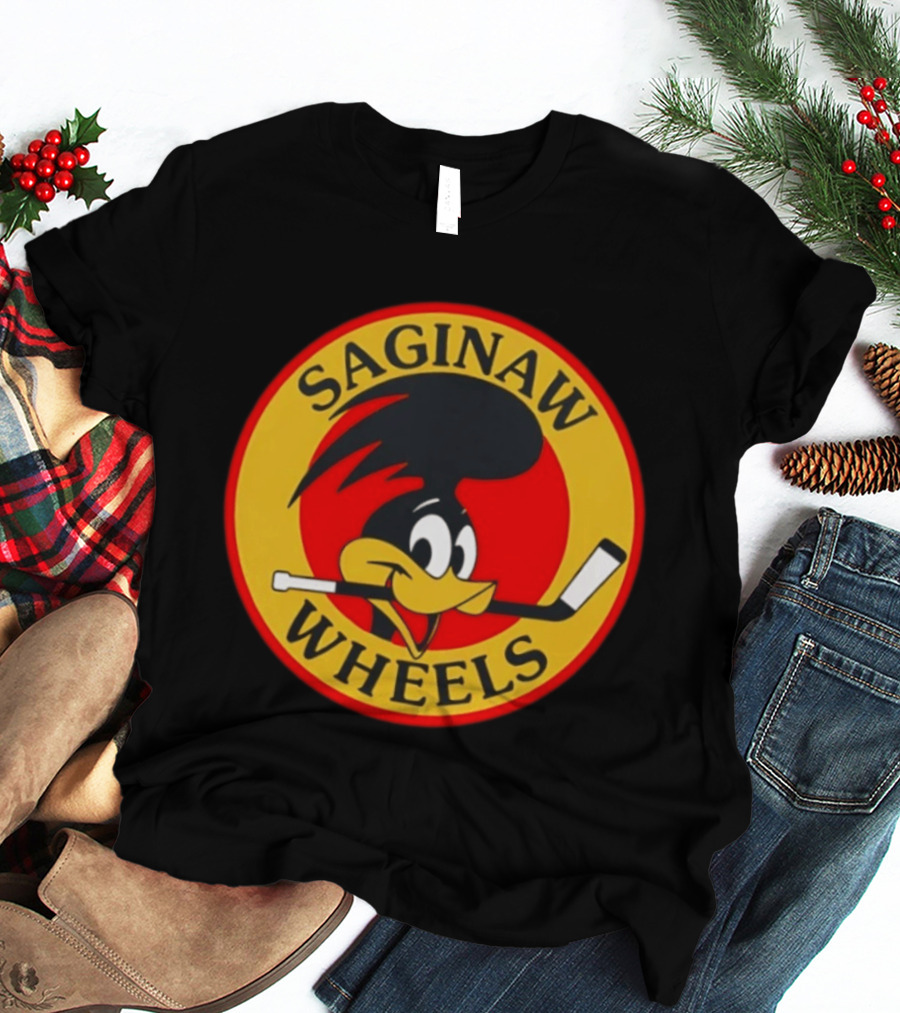 Saginaw Wheels Hockey Cartoon Character With Hockey Stick T-Shirt