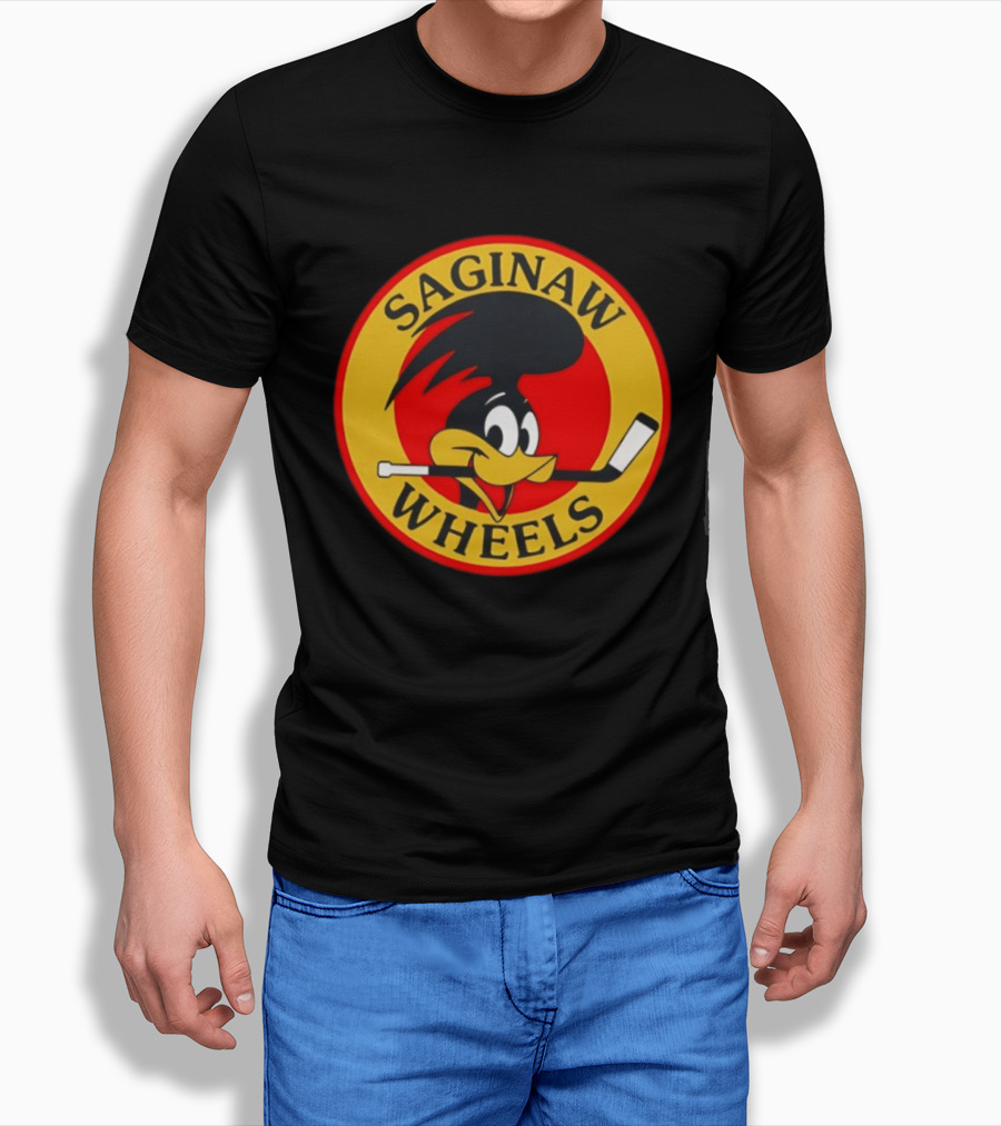 Saginaw Wheels Hockey Cartoon Character With Hockey Stick T-Shirt