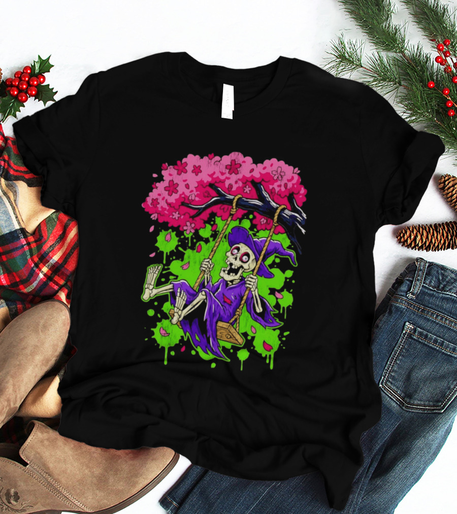 Morbid Whimsy Skeleton Witch Swinging Under Cherry Blossom Tree T-Shirt