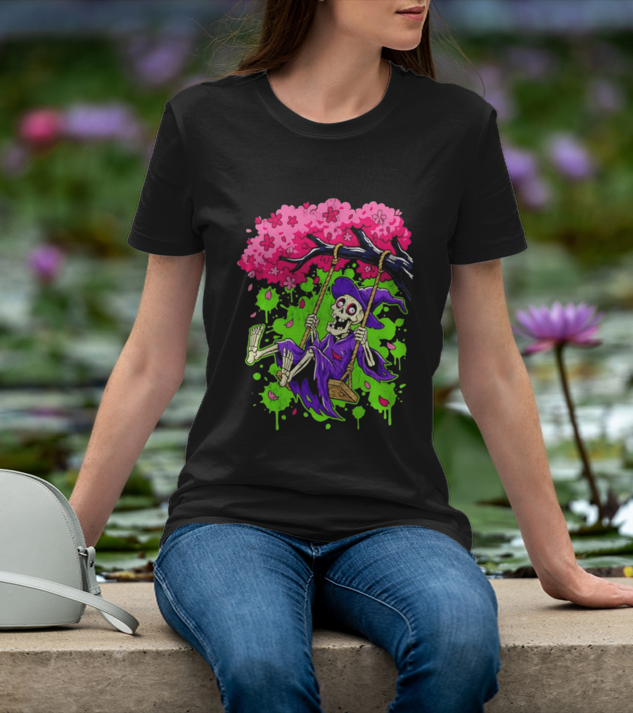 Morbid Whimsy Skeleton Witch Swinging Under Cherry Blossom Tree T-Shirt