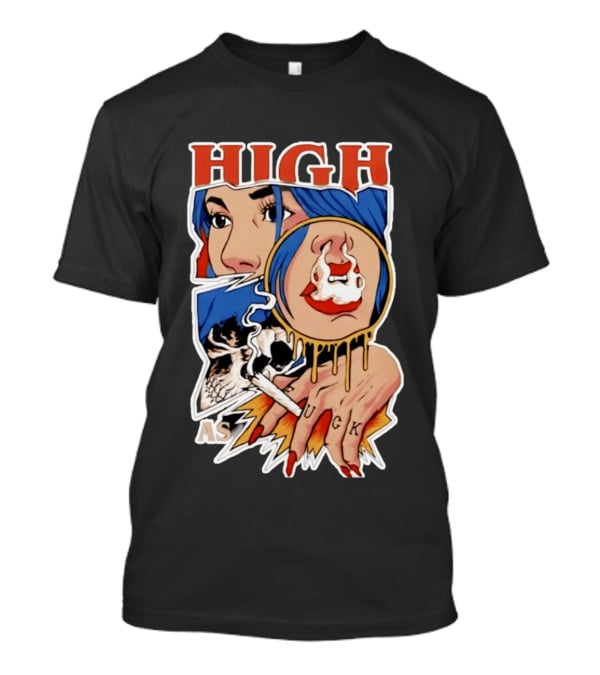High As Fuck Smoking Skull Woman With Blue Hair And Tattooed Hand T-Shirt