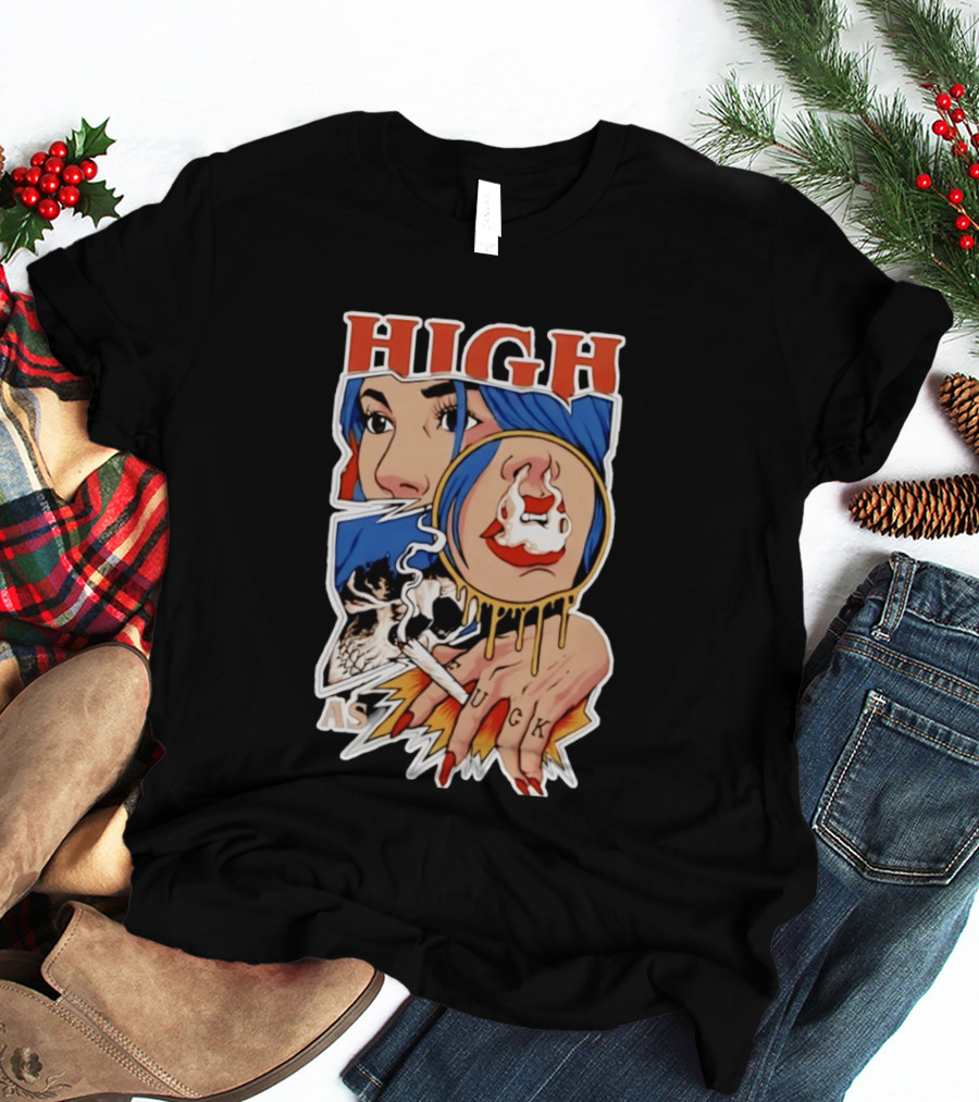 High As Fuck Smoking Skull Woman With Blue Hair And Tattooed Hand T-Shirt
