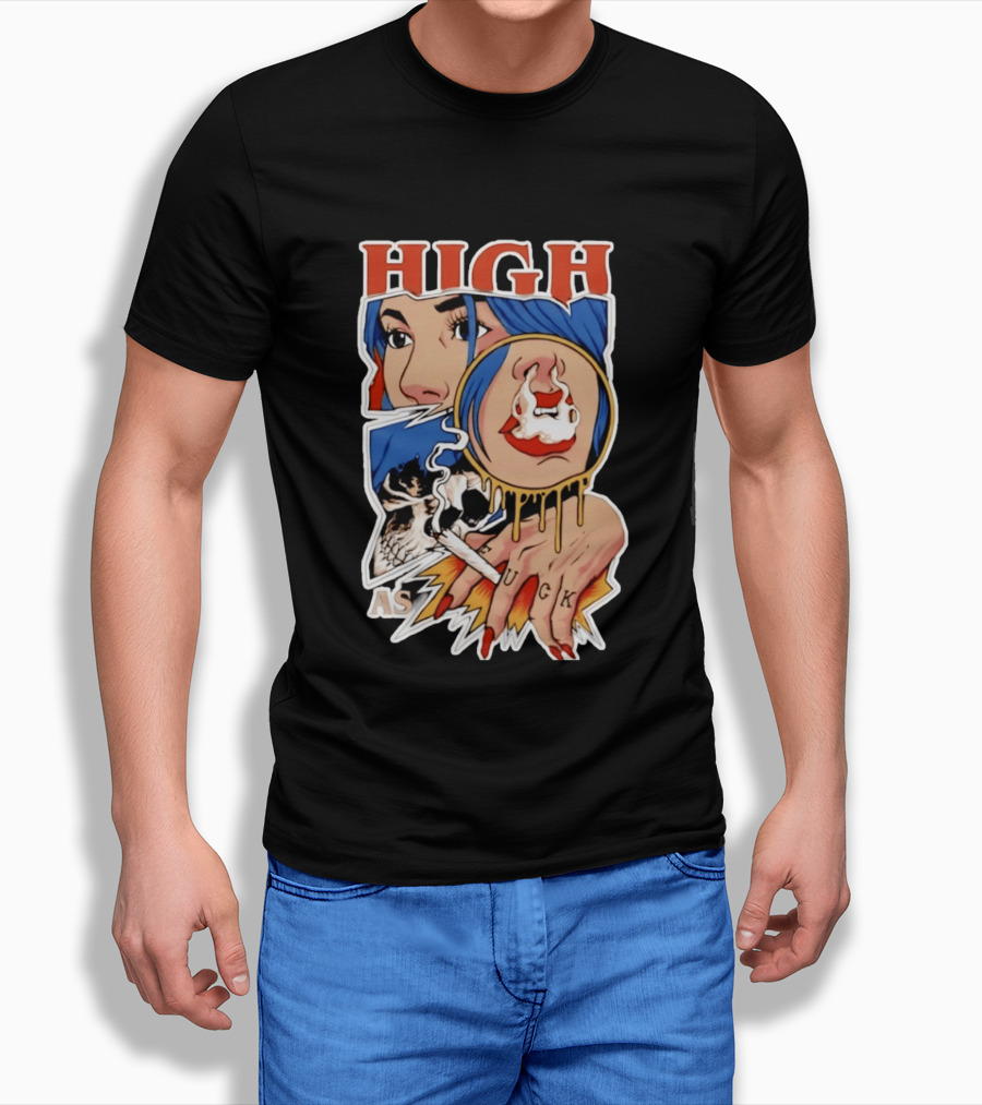 High As Fuck Smoking Skull Woman With Blue Hair And Tattooed Hand T-Shirt