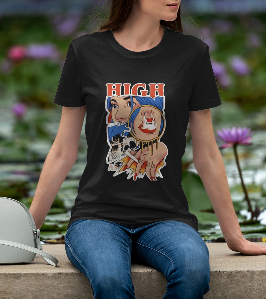 High As Fuck Smoking Skull Woman With Blue Hair And Tattooed Hand T-Shirt