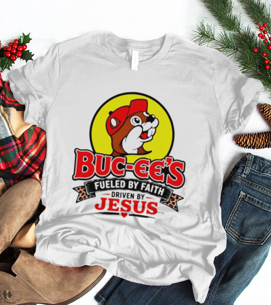 Buc Ee's Fueled By Faith Driven By Jesus Yellow Circle Red Cap T-Shirt