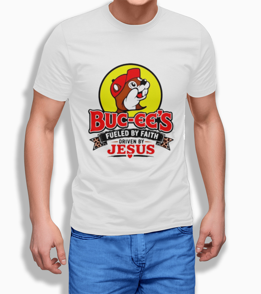 Buc Ee's Fueled By Faith Driven By Jesus Yellow Circle Red Cap T-Shirt