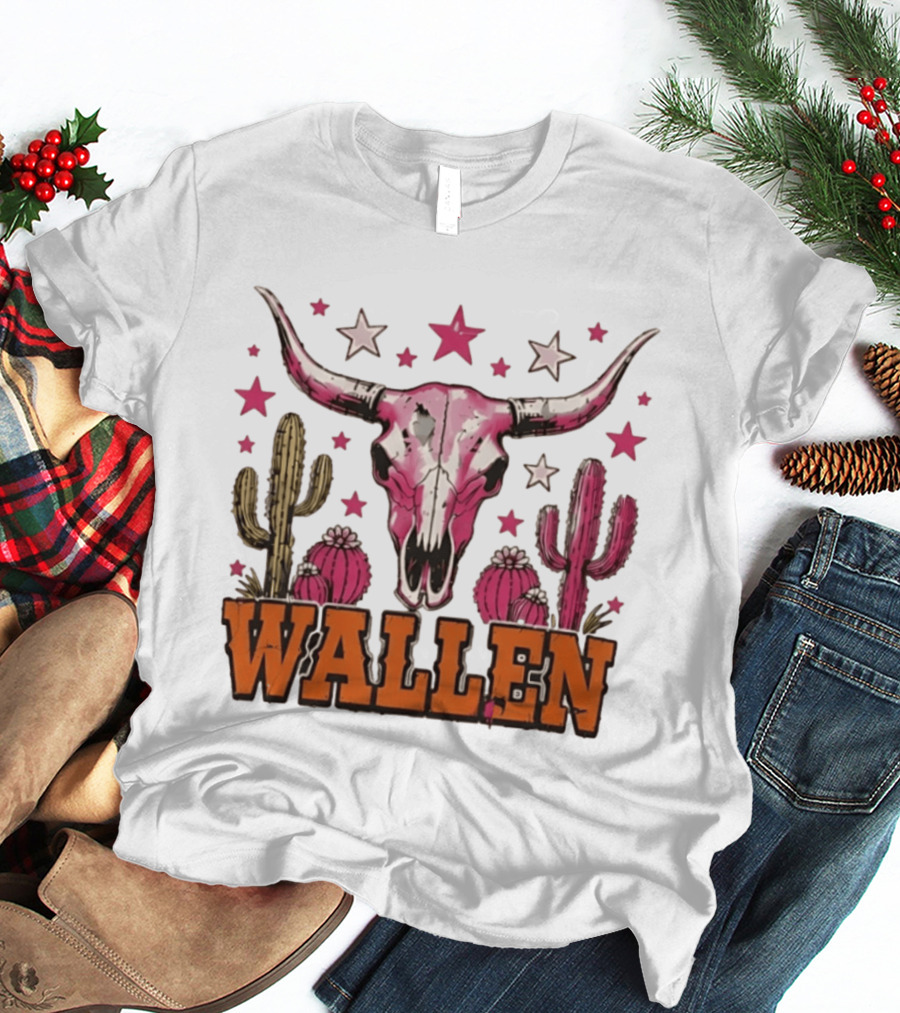 Wallen Pink Cow Skull Cactus Stars T-Shirt