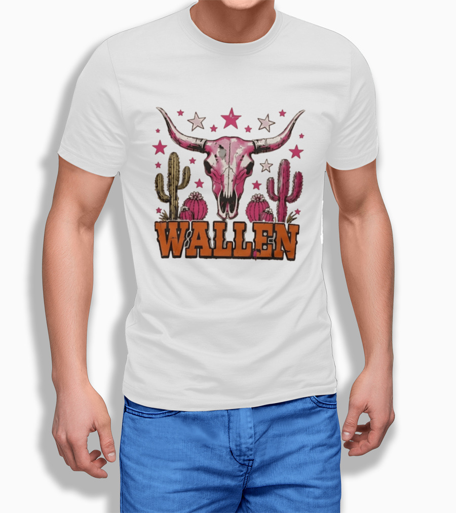 Wallen Pink Cow Skull Cactus Stars T-Shirt