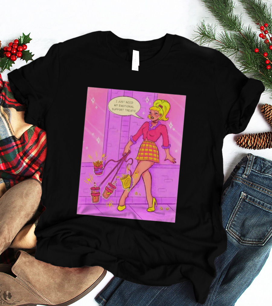 I Just Need My Emotional Support Treats Comic Style Girl With Drinks And Fries T-Shirt