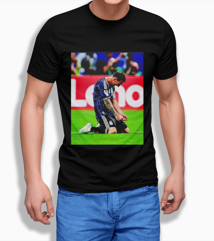Argentina Football Icon Lionel Messi Kneels In Triumph National Team Victory T-Shirt