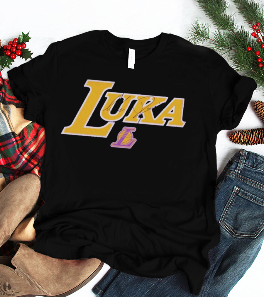 Luka Doncic Autograph Lakers Font Style With Los Angeles Basketball T-Shirt