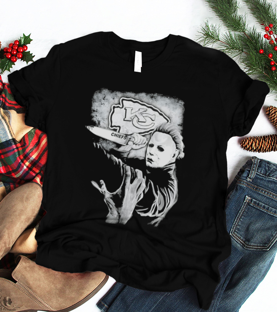 Michael Myers Holding Knife With KC Chiefs T-Shirt