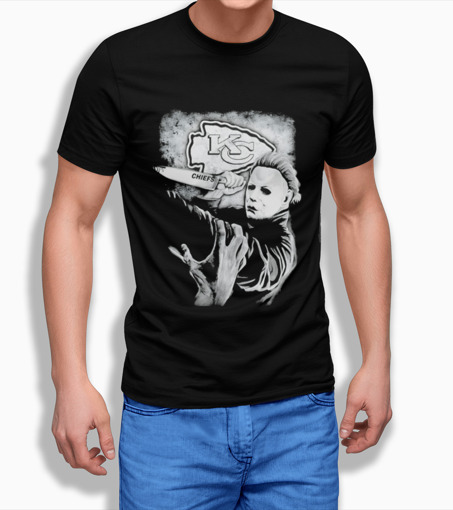 Michael Myers Holding Knife With KC Chiefs T-Shirt