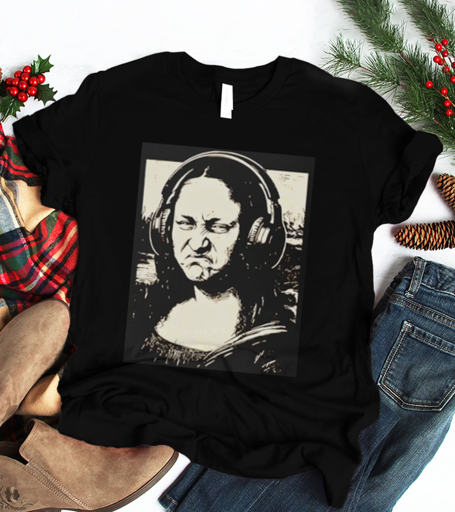 Mona Lisa Headphones Grumpy Expression Fusion T-Shirt