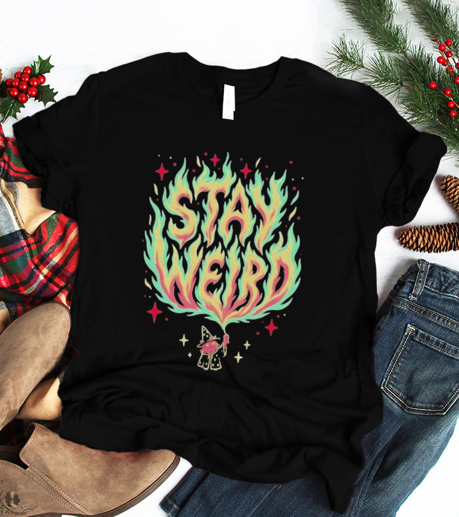 Stay Weird Magic Flames Wizard Cat Stars Cosmic T-Shirt