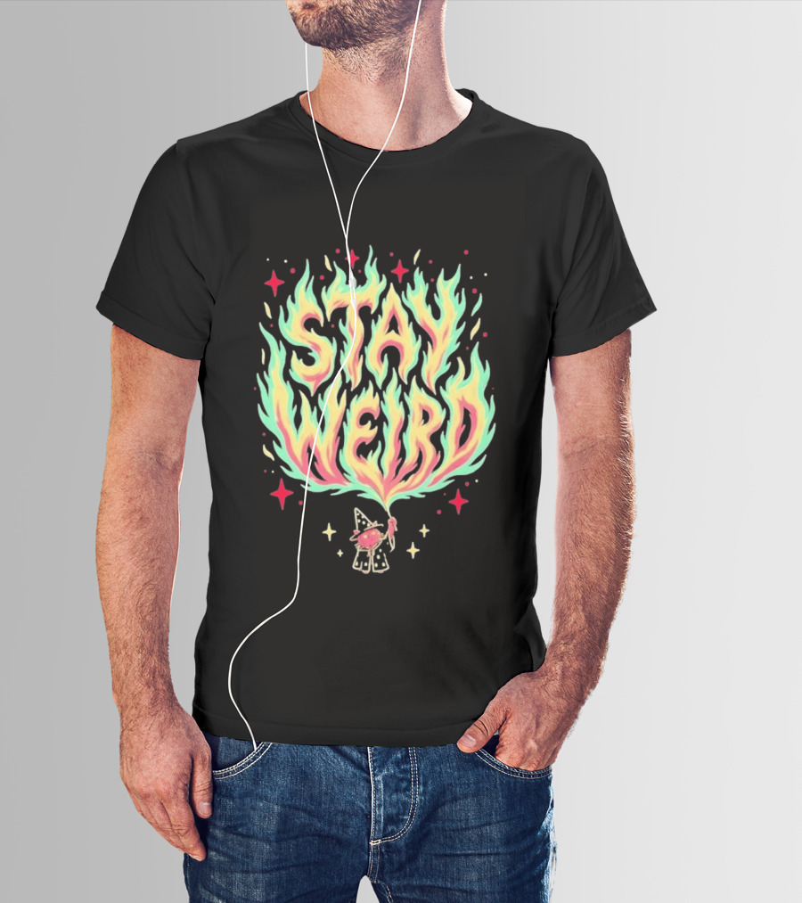 Stay Weird Magic Flames Wizard Cat Stars Cosmic T-Shirt