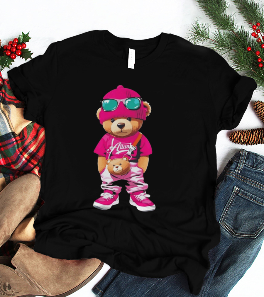 Ailan Teddy Bear Stylish Streetwear Outfit Pink Beanie Sunglasses And Bear Bag T-Shirt
