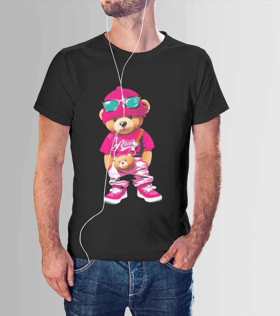 Ailan Teddy Bear Stylish Streetwear Outfit Pink Beanie Sunglasses And Bear Bag T-Shirt