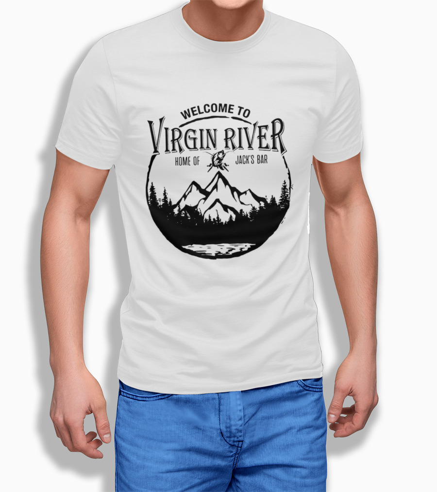 Welcome To Virgin River Home Of Jack's Bar Mountain Silhouette Pine Trees Circle T-Shirt