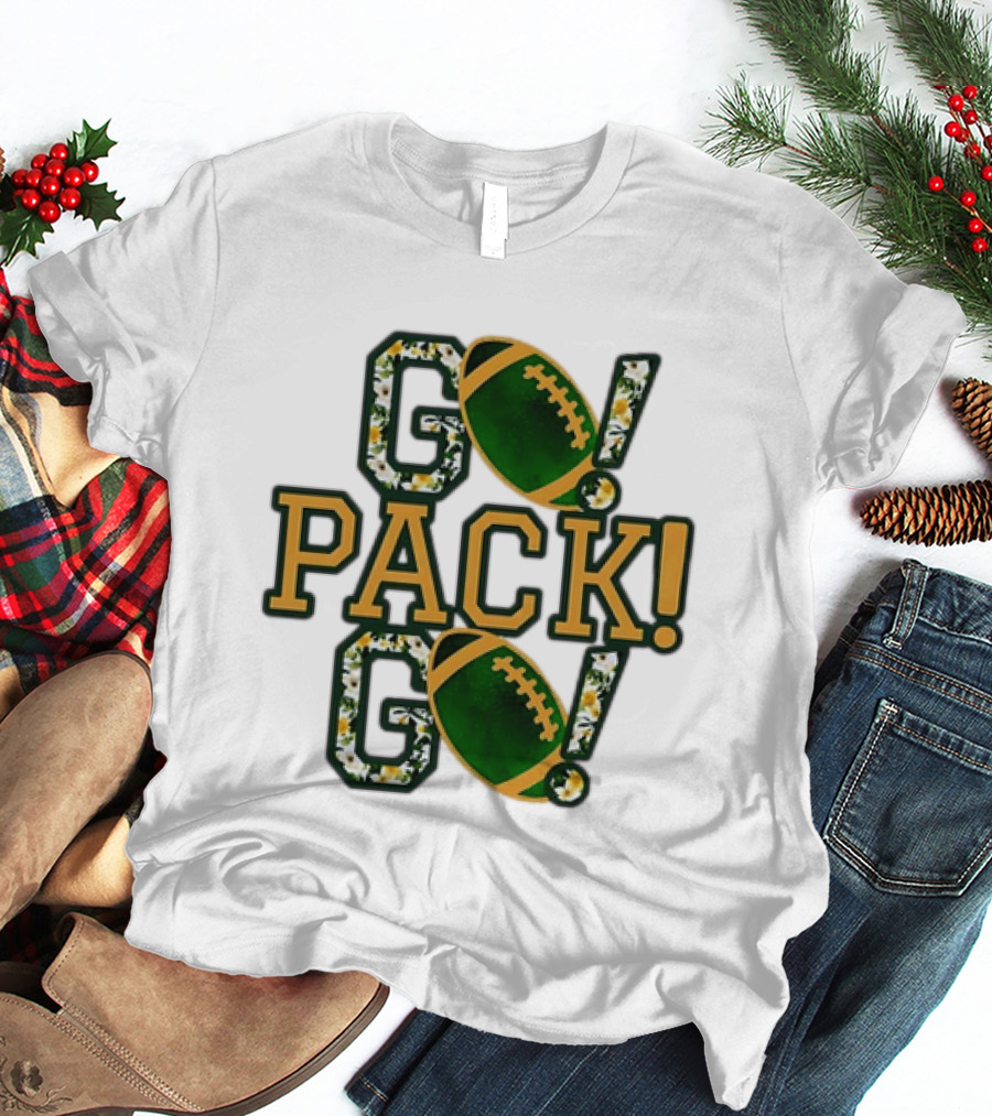 Packers Go Pack Go Football Floral Design With Green And Gold Footballs T-Shirt