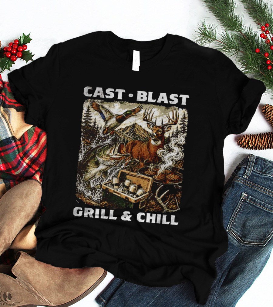 Cast Blast Grill & Chill Deer Fish Camping Scene T-Shirt