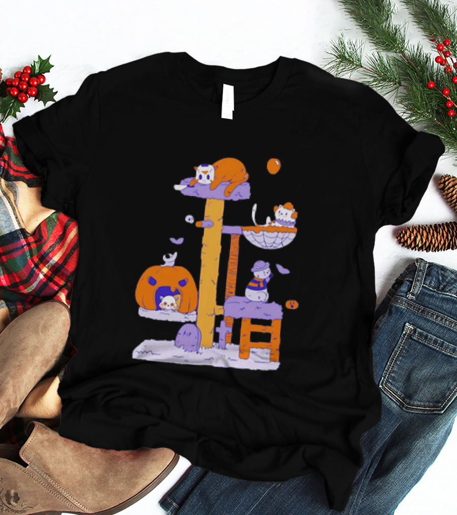 Cat Horror Pumpkin Tree Halloween Cats T-Shirt
