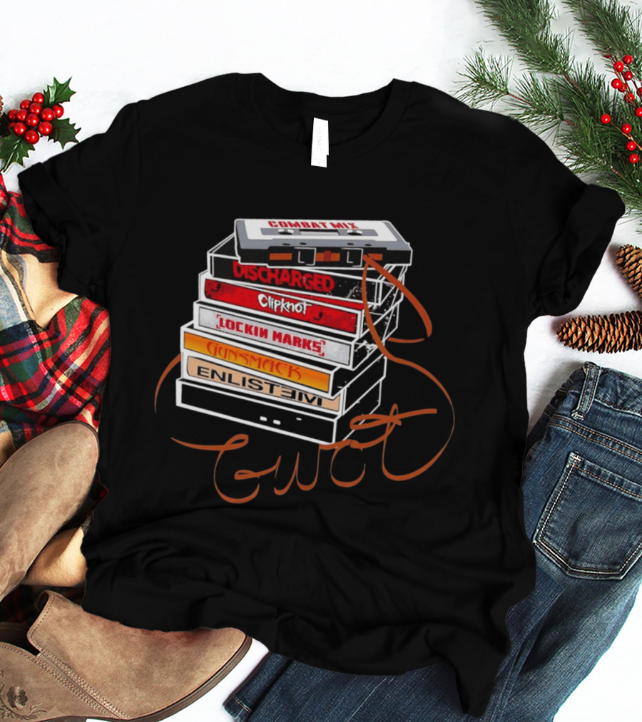 Combat Mix Discharged Clipknot Lockin Marks Gunsmack Enlist GWOT 3 Tours Down Music Cassette Stack T-Shirt
