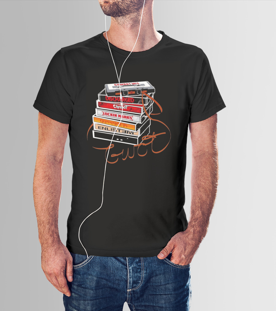 Combat Mix Discharged Clipknot Lockin Marks Gunsmack Enlist GWOT 3 Tours Down Music Cassette Stack T-Shirt