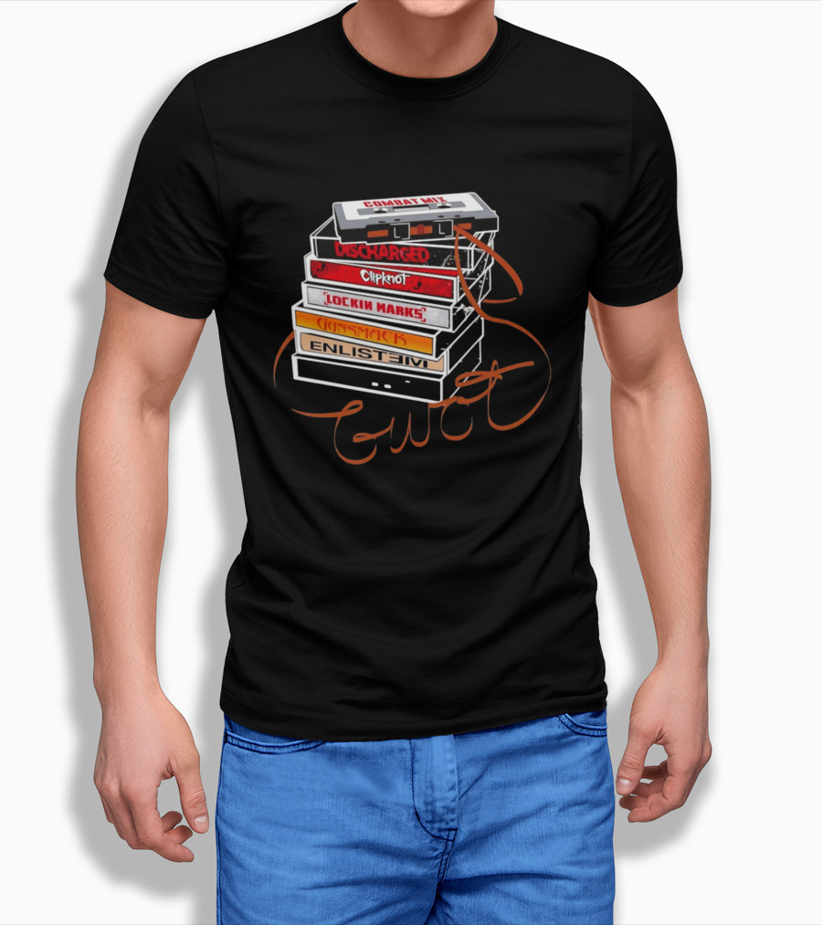Combat Mix Discharged Clipknot Lockin Marks Gunsmack Enlist GWOT 3 Tours Down Music Cassette Stack T-Shirt