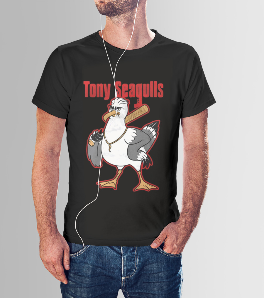 Tony Seagulls Baseball Cartoon Character With Bat T-Shirt