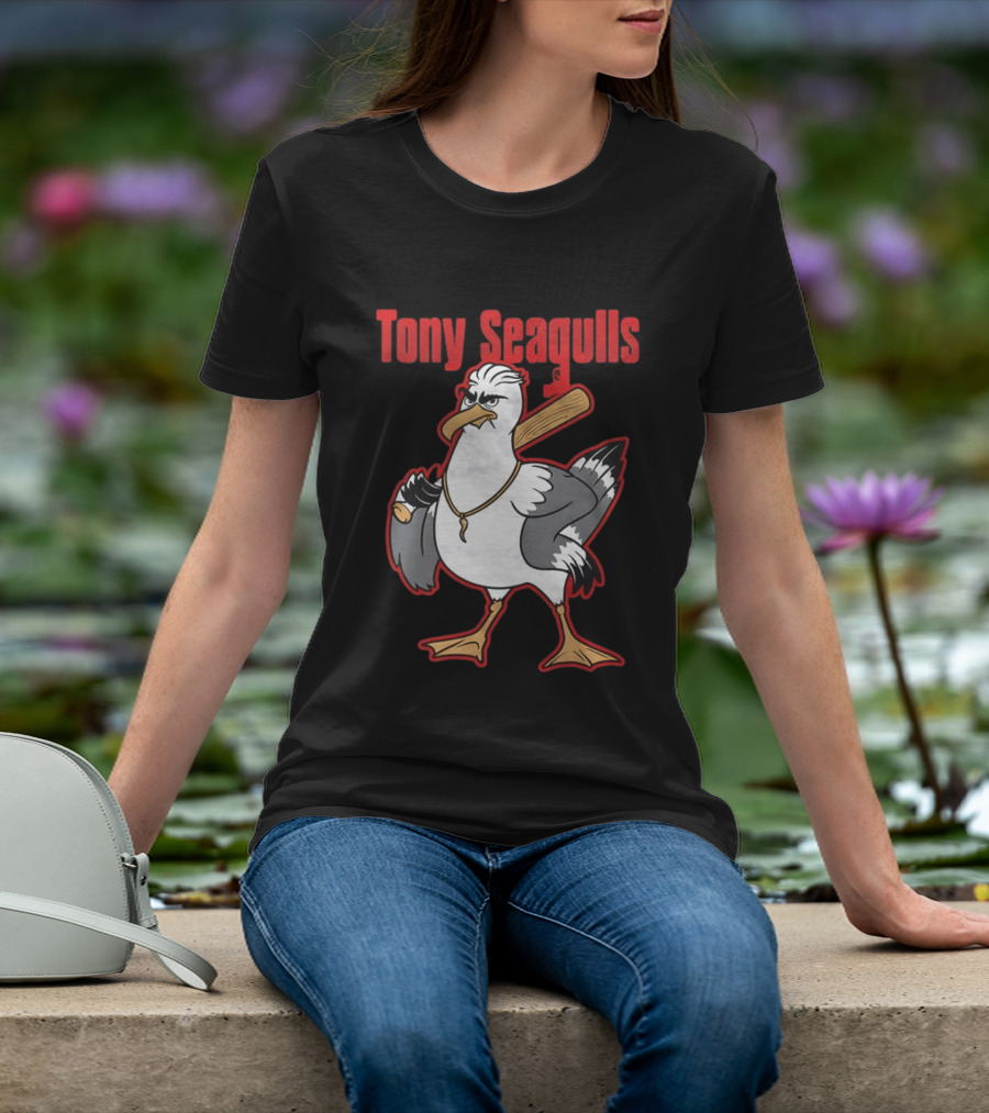 Tony Seagulls Baseball Cartoon Character With Bat T-Shirt