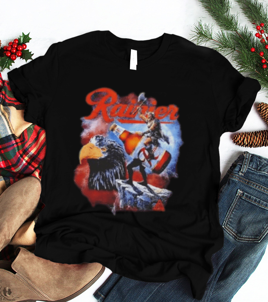 Rainier Beer Viking Holding Beer Riding Eagle On Rock T-Shirt