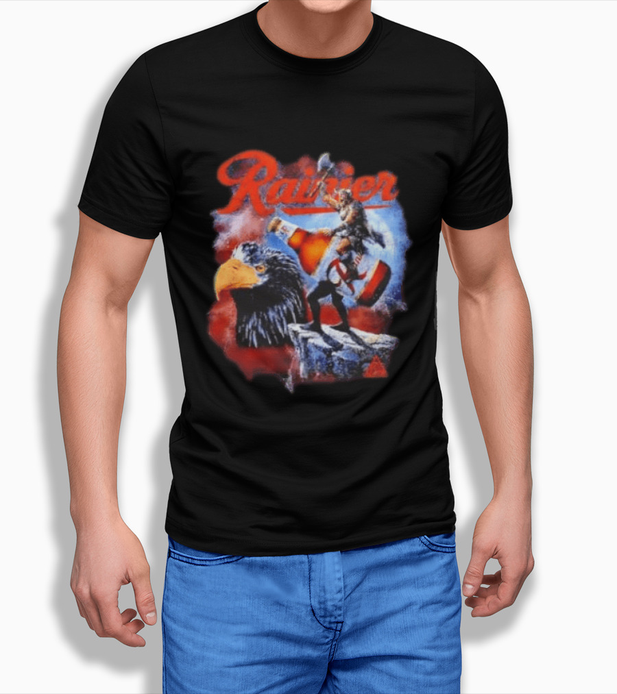 Rainier Beer Viking Holding Beer Riding Eagle On Rock T-Shirt