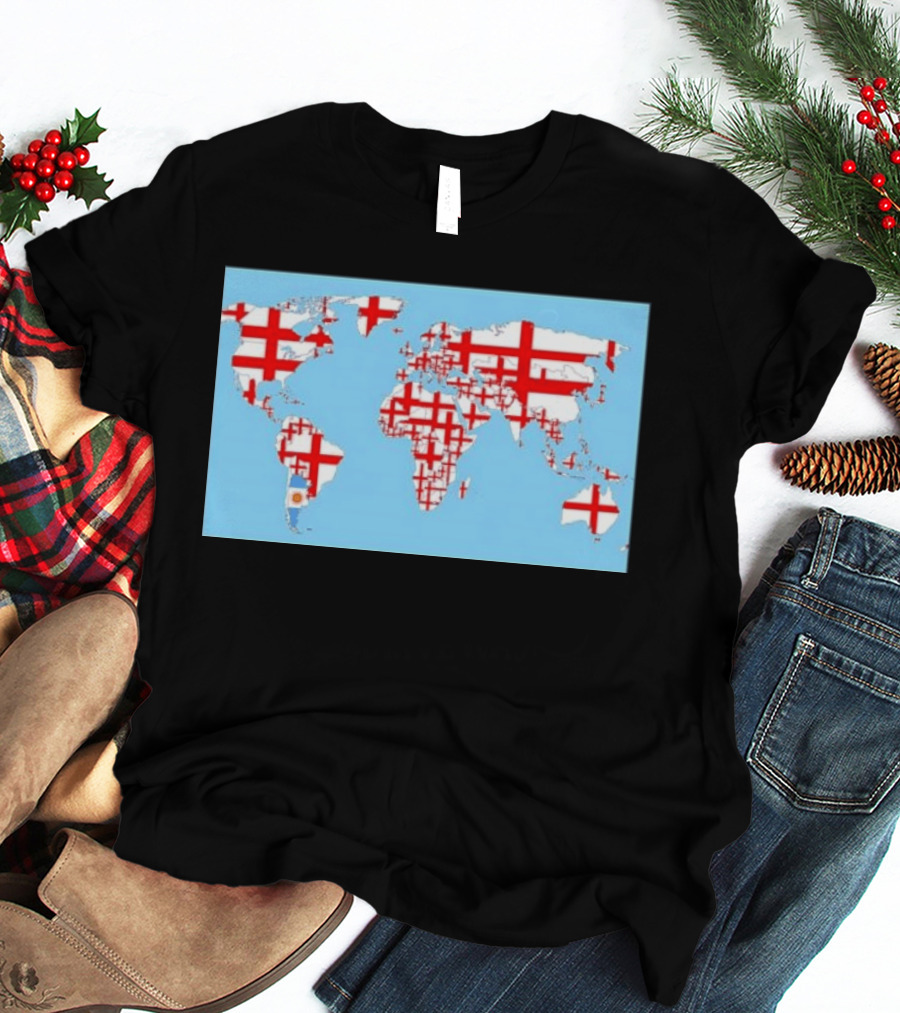 World Map With England Cross And Argentina Flag T-Shirt
