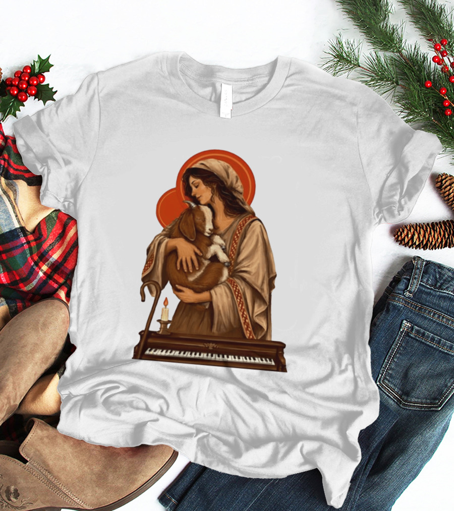 Woman Embracing Goat With Candle And Piano Halo T-Shirt