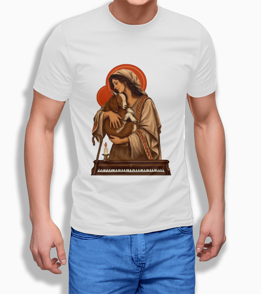 Woman Embracing Goat With Candle And Piano Halo T-Shirt