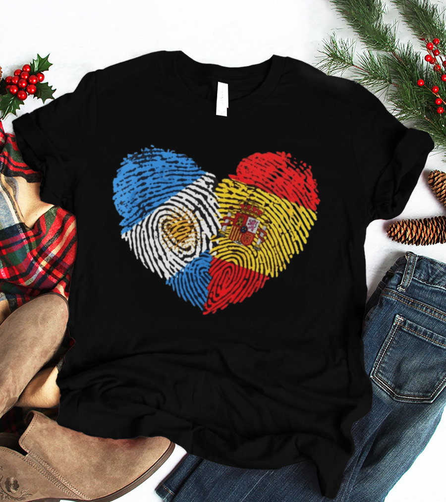 Half Spain Half Argentine Heart Fingerprints Flags Spain Argentina T-Shirt