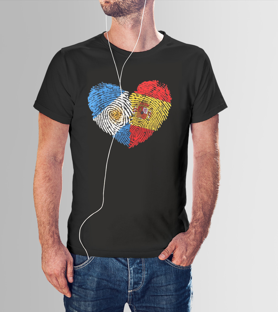 Half Spain Half Argentine Heart Fingerprints Flags Spain Argentina T-Shirt