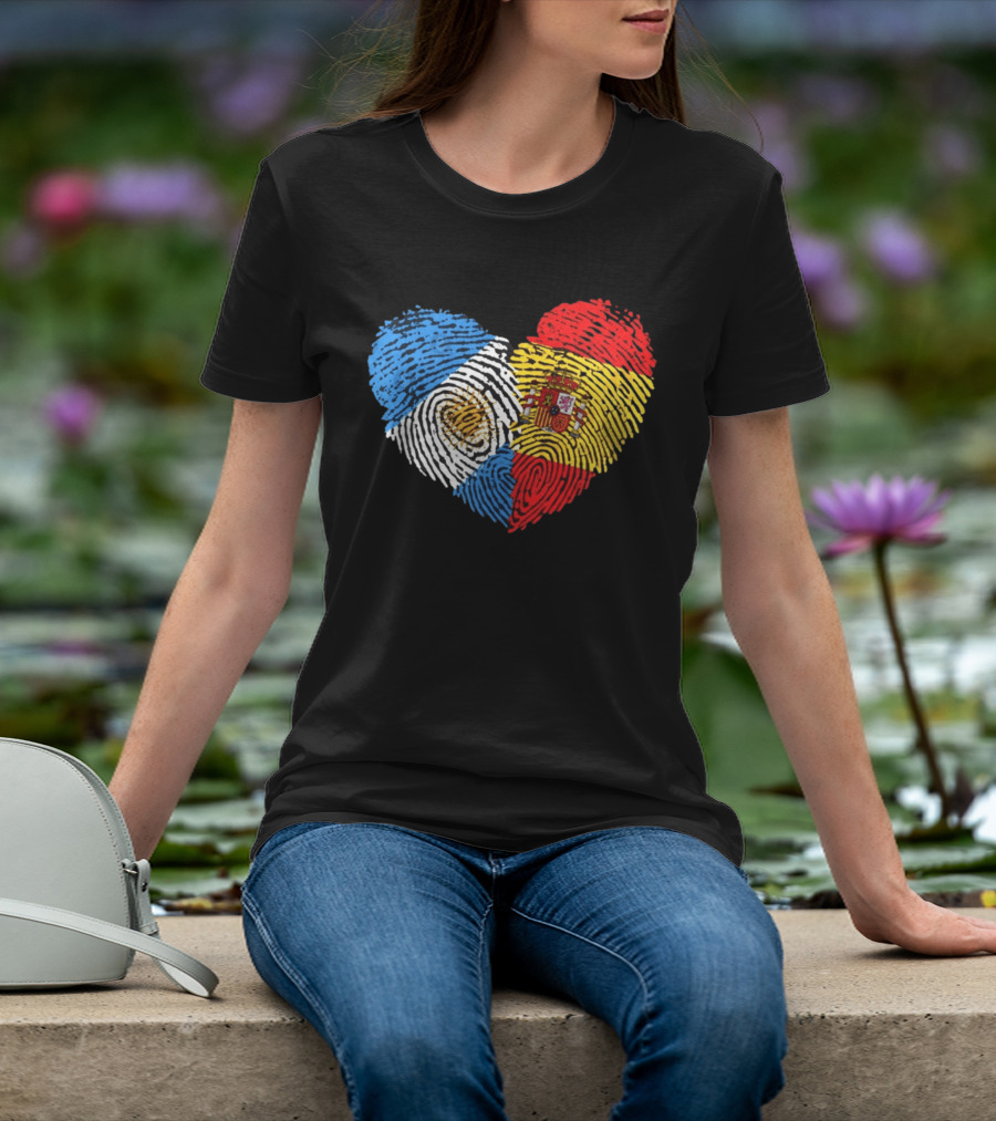 Half Spain Half Argentine Heart Fingerprints Flags Spain Argentina T-Shirt